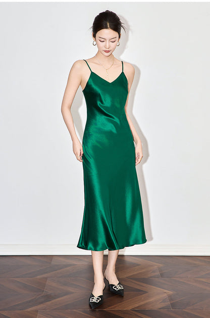 Satin-Texture Acetate Slip Dress with Spaghetti Straps