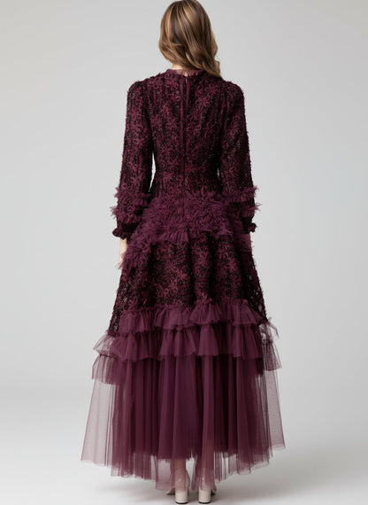 Plum 3D Floral Detail Tulle Evening Dress