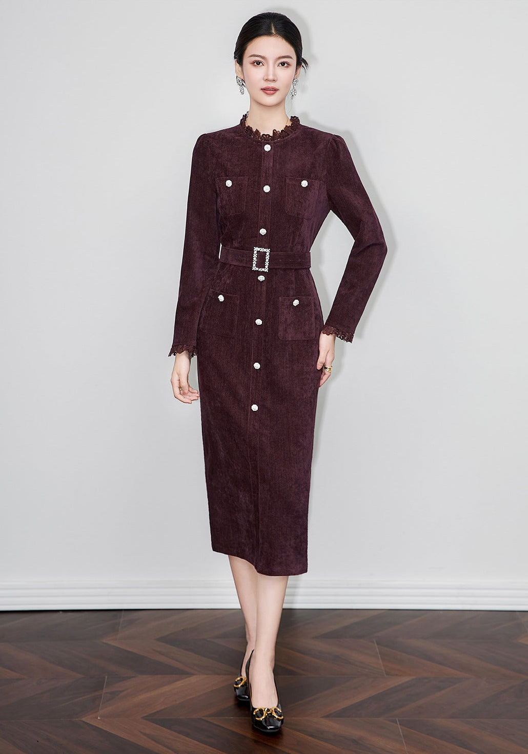 Cherry Plum Embroidered Chenille Midi Dress