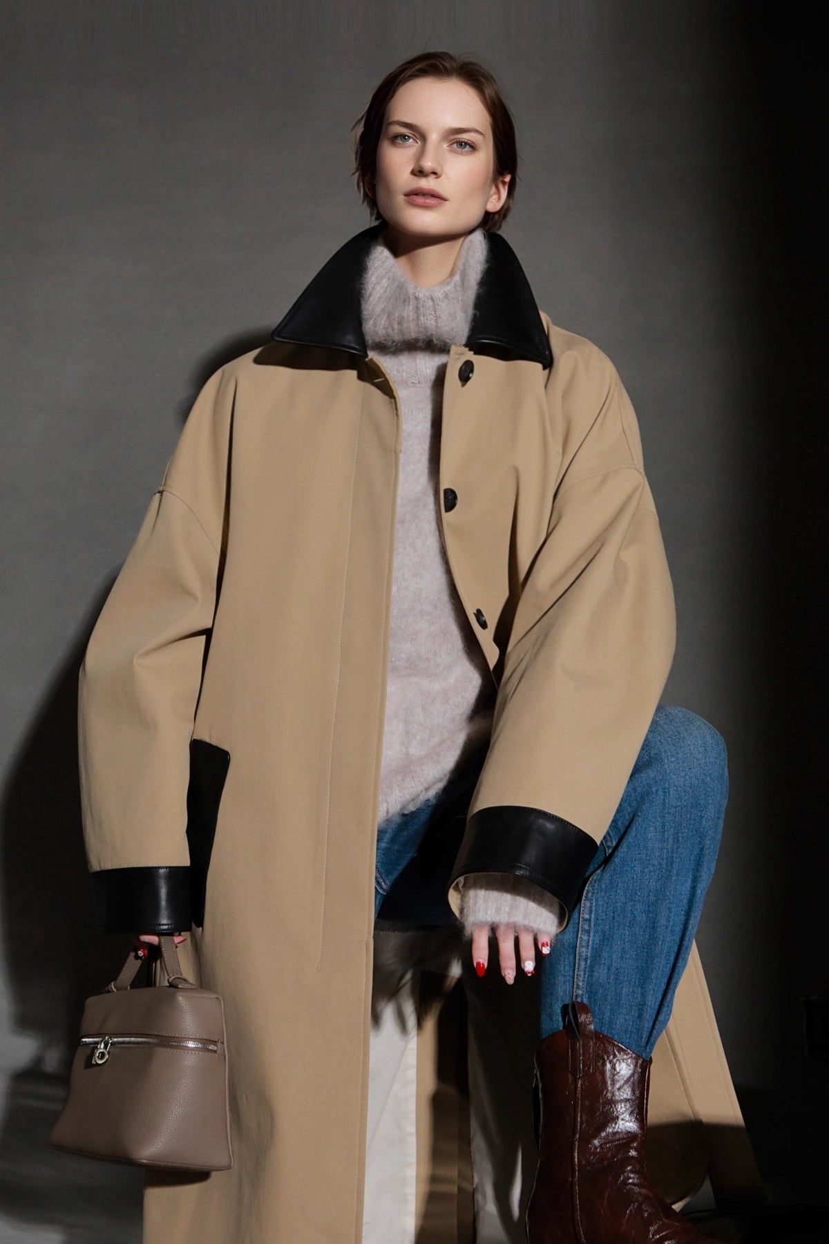 Leather-Trimmed Polo Collar Oversized Long Trench Coat