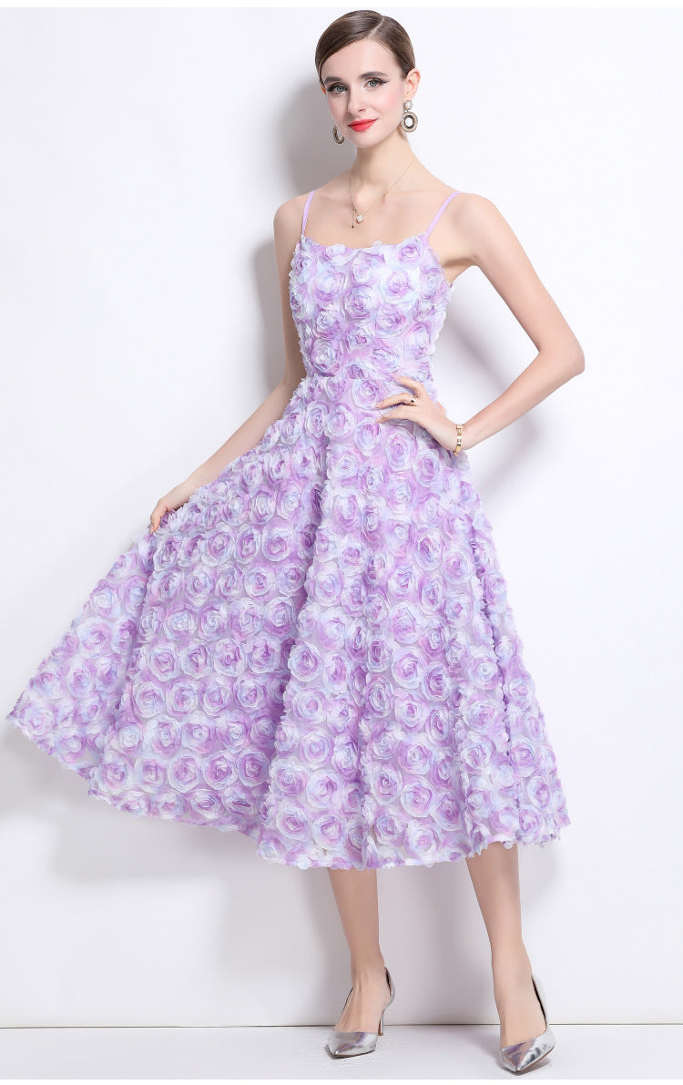 3D Rose Appliqué Strappy Midi Dress