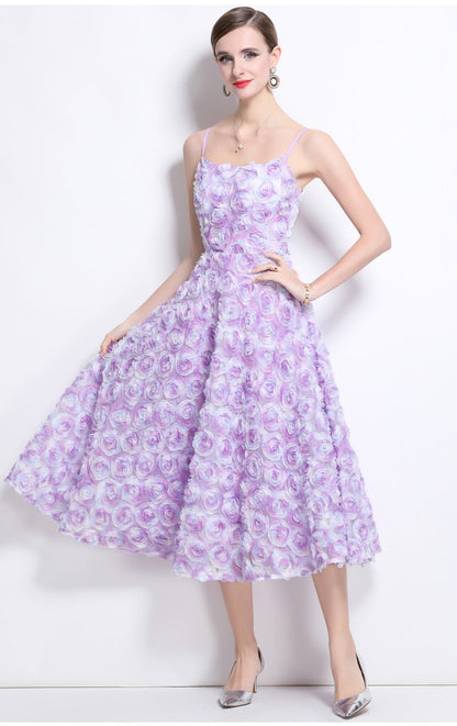 3D Rose Appliqué Strappy Midi Dress