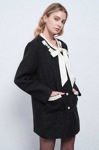 Bow-Tie Neck Contrast Trim Midi Jacket