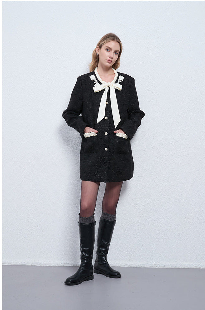 Bow-Tie Neck Contrast Trim Midi Jacket