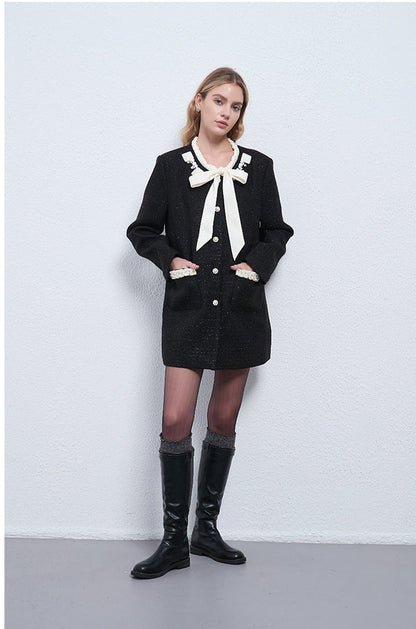 Bow-Tie Neck Contrast Trim Midi Jacket