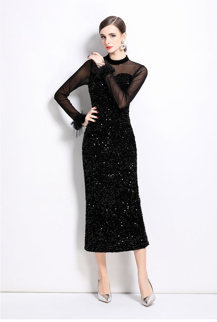 Velvet Sequin Long Evening Gown with Sheer Sleeves
