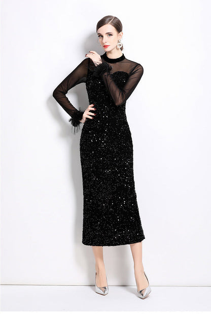 Velvet Sequin Long Evening Gown with Sheer Sleeves