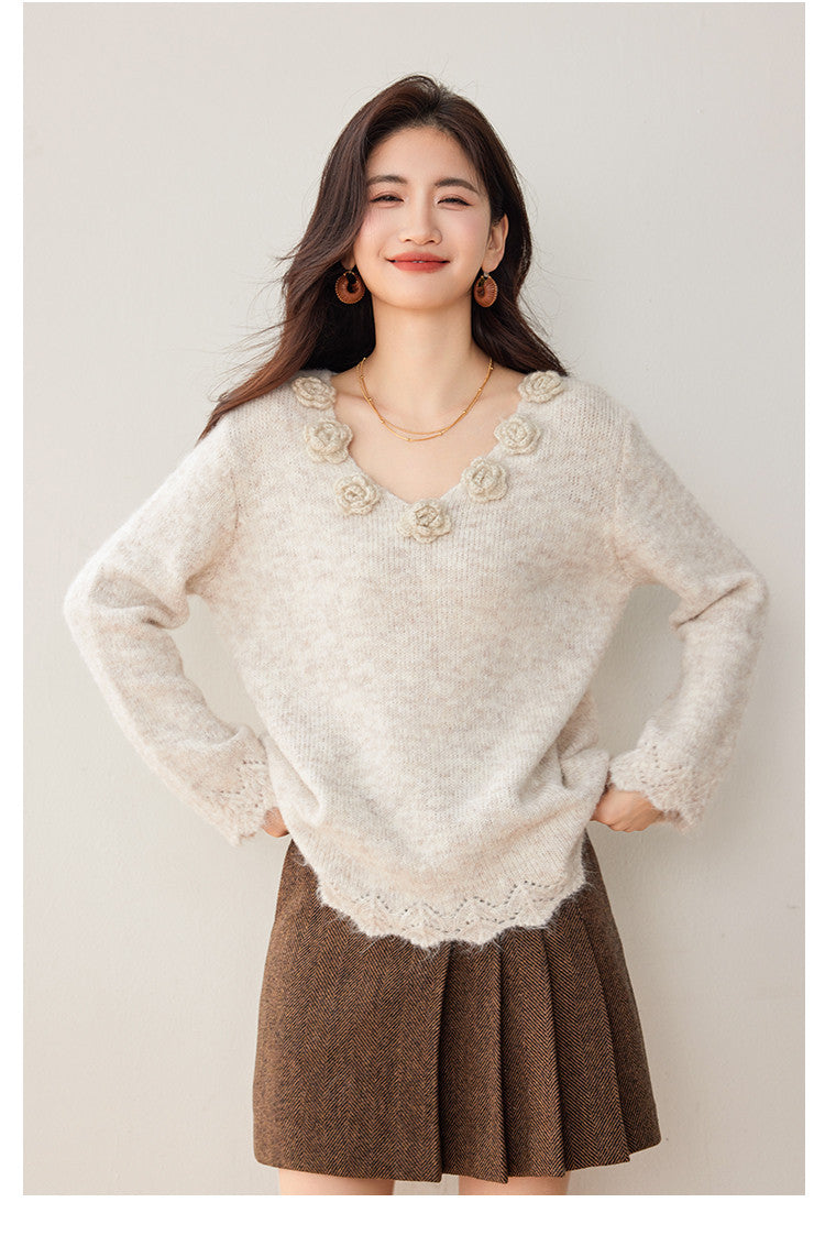3D Floral Knit V-Neck Sweater