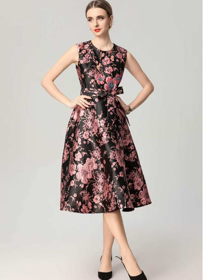 Floral Embroidered Jacquard Ruffle Dress