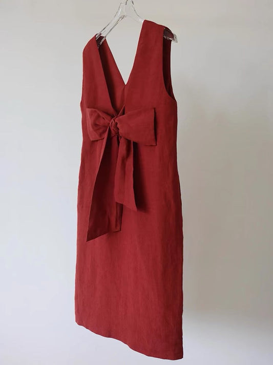 Linen Bow-Back Sleeveless Summer Dress