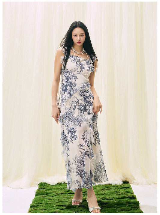 Ruffled Square Neck Slit Vacation Dress