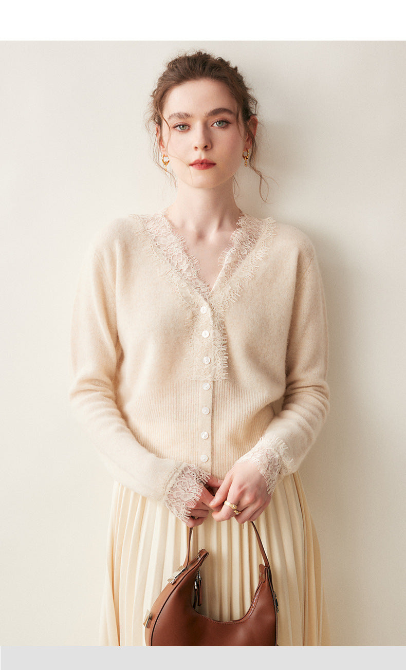 Lace-Trim Baby Cashmere Cardigan