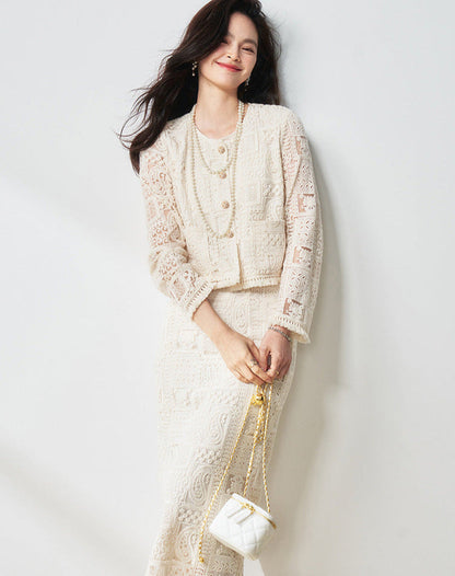Luxury Beige Two-Piece Set with Fringe & Hollow Floral Details