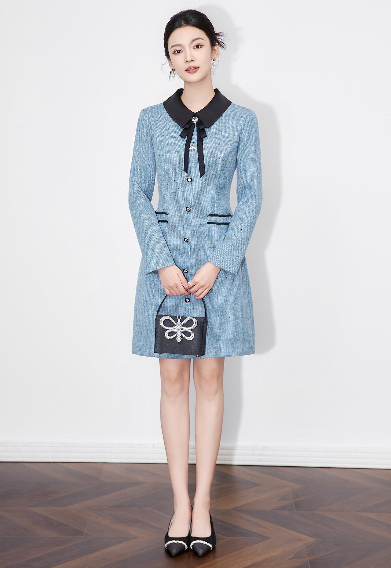 French-Texture Mini Dress with Scarf Collar