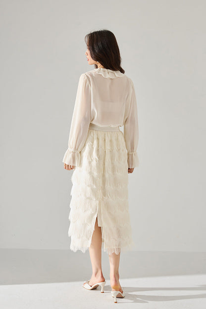 Tassel Layered Ecru Midi Skirt