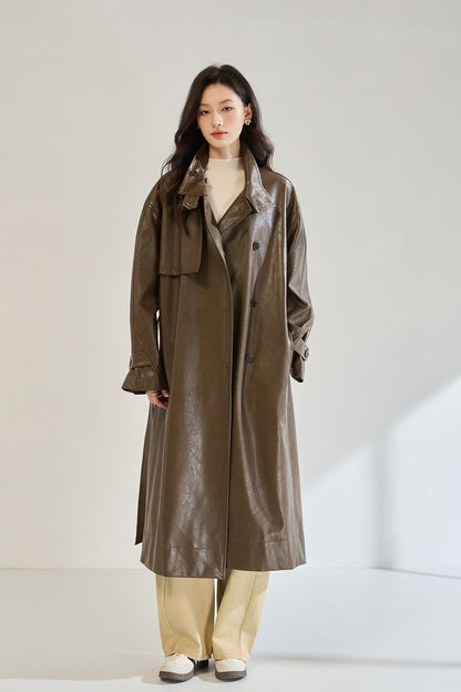 Retro Long Faux Leather Coat