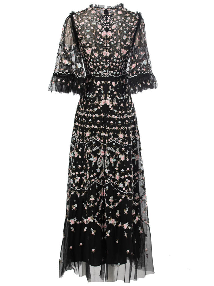 Belleza Princess-Cut Embroidered Maxi Evening Dress