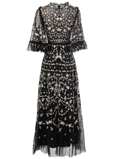 Belleza Princess-Cut Embroidered Maxi Evening Dress