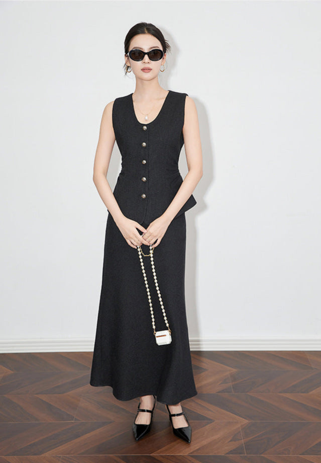 Old Money Style Two-Piece Set – Sleeveless Vest & Fishtail Skirt