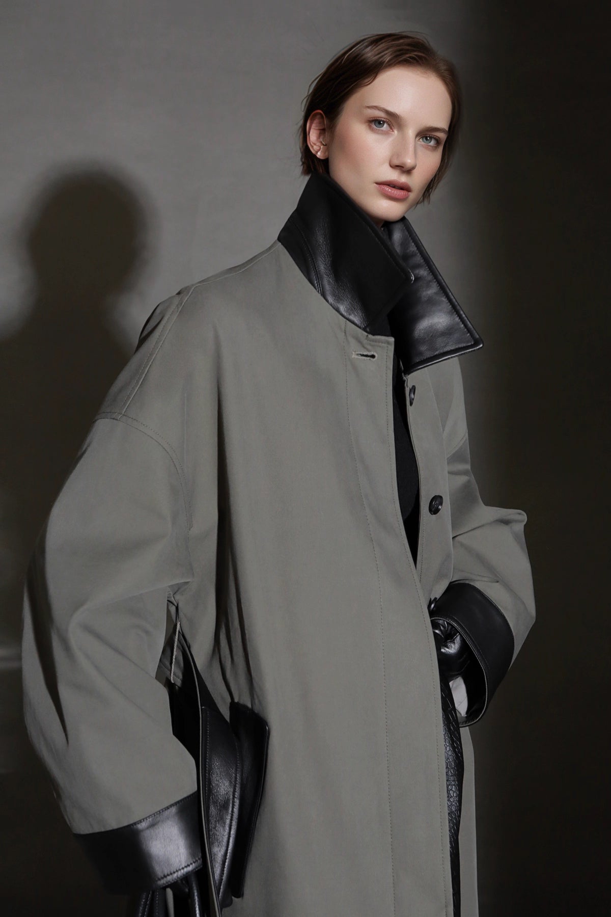 Leather-Trimmed Polo Collar Oversized Long Trench Coat