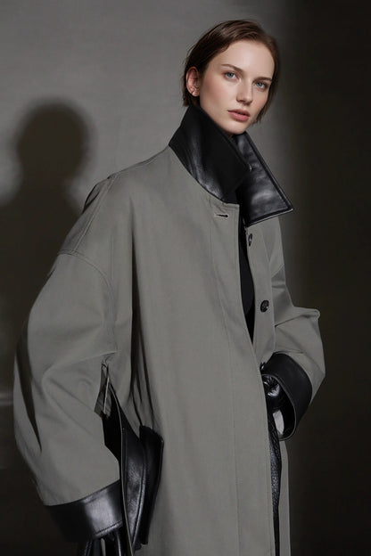 Leather-Trimmed Polo Collar Oversized Long Trench Coat
