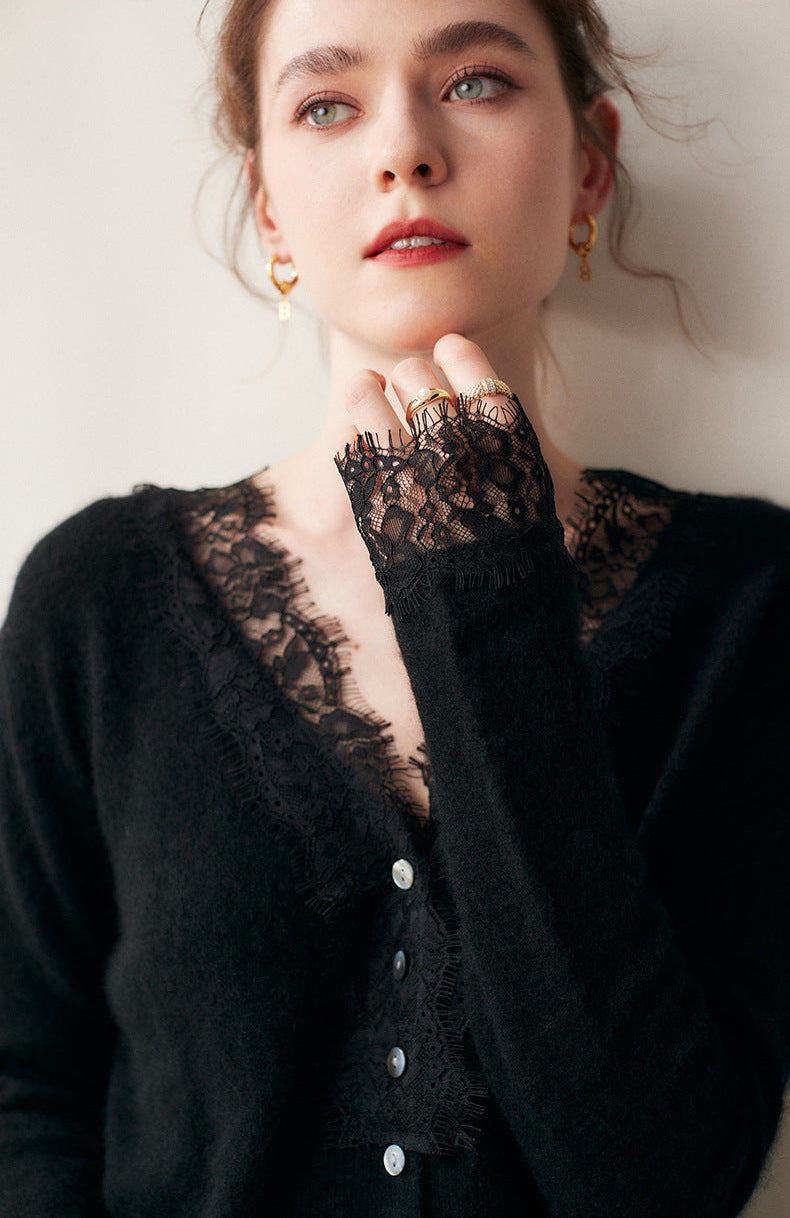 Lace-Trim Baby Cashmere Cardigan