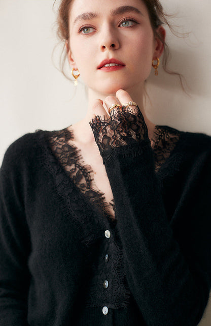 Lace-Trim Baby Cashmere Cardigan