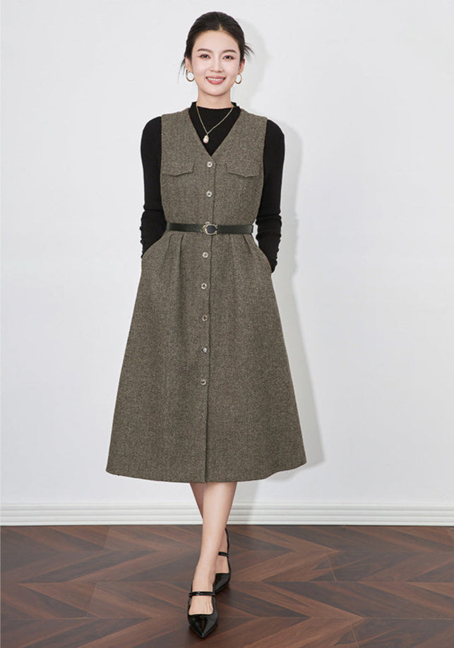 Retro Wool-Blend Vest Midi Dress + Knit Sweater Set