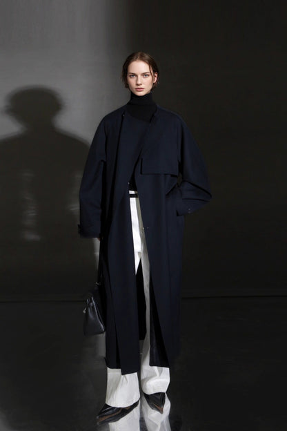 Minimalist Round Neck Wool Blend Trench Coat – Relaxed Fit