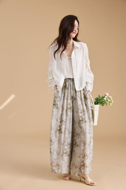 Elegant Ink Print Wide-Leg Tencel Pants