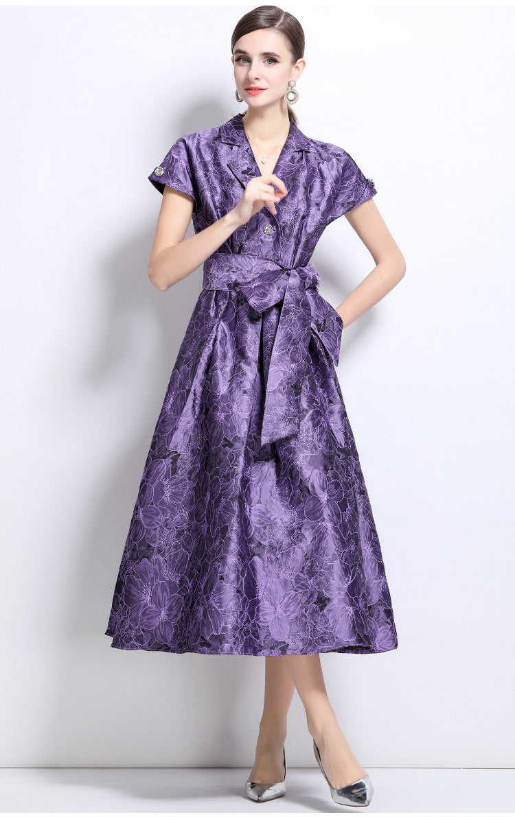 Jacquard A-Line Evening Gown with Full Flowing Skirt