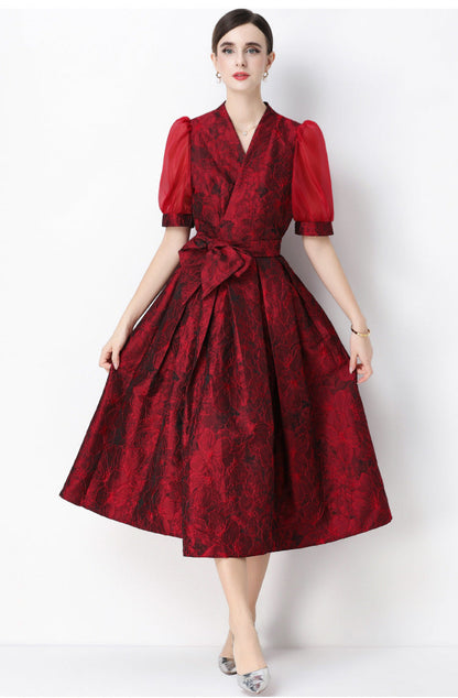 Jacquard Puff Sleeve V-Neck Maxi Dress