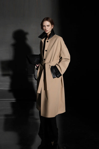 Leather-Trimmed Polo Collar Oversized Long Trench Coat