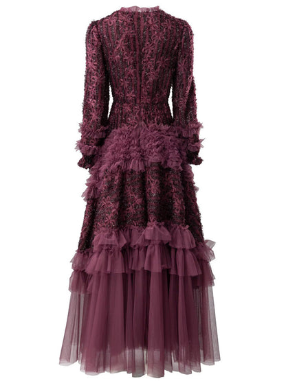Plum 3D Floral Detail Tulle Evening Dress