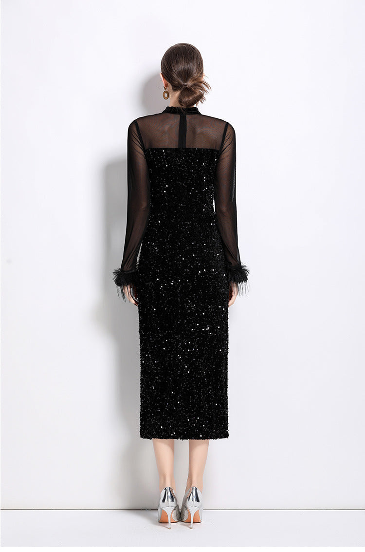 Velvet Sequin Long Evening Gown with Sheer Sleeves