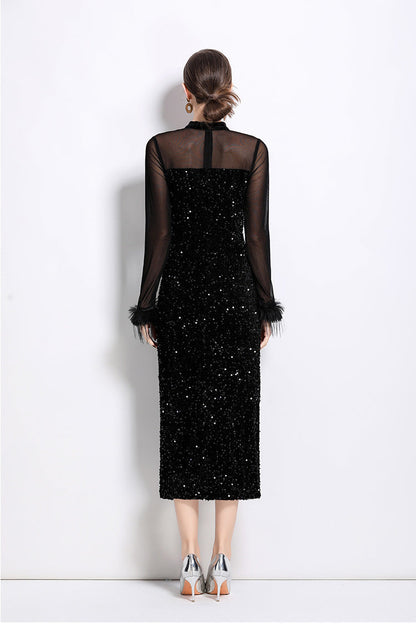Velvet Sequin Long Evening Gown with Sheer Sleeves