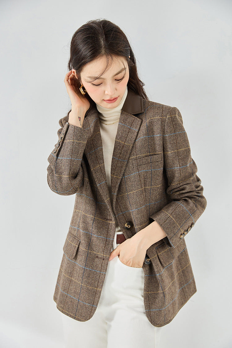 Fine Wool Plaid Oversized Blazer Coat – Coffee Brown