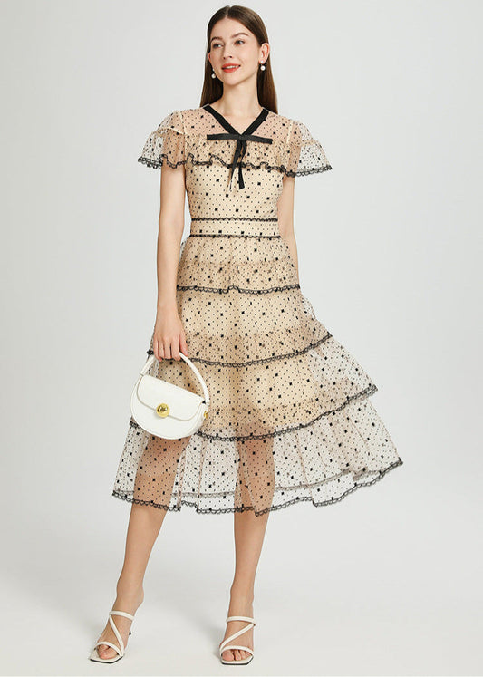 Retro Polka Dot Tiered Tulle Dress – Apricot Elegance