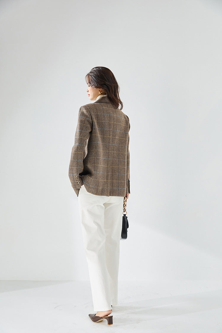 Fine Wool Plaid Oversized Blazer Coat – Coffee Brown