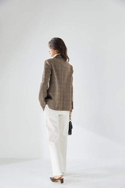 Fine Wool Plaid Oversized Blazer Coat – Coffee Brown