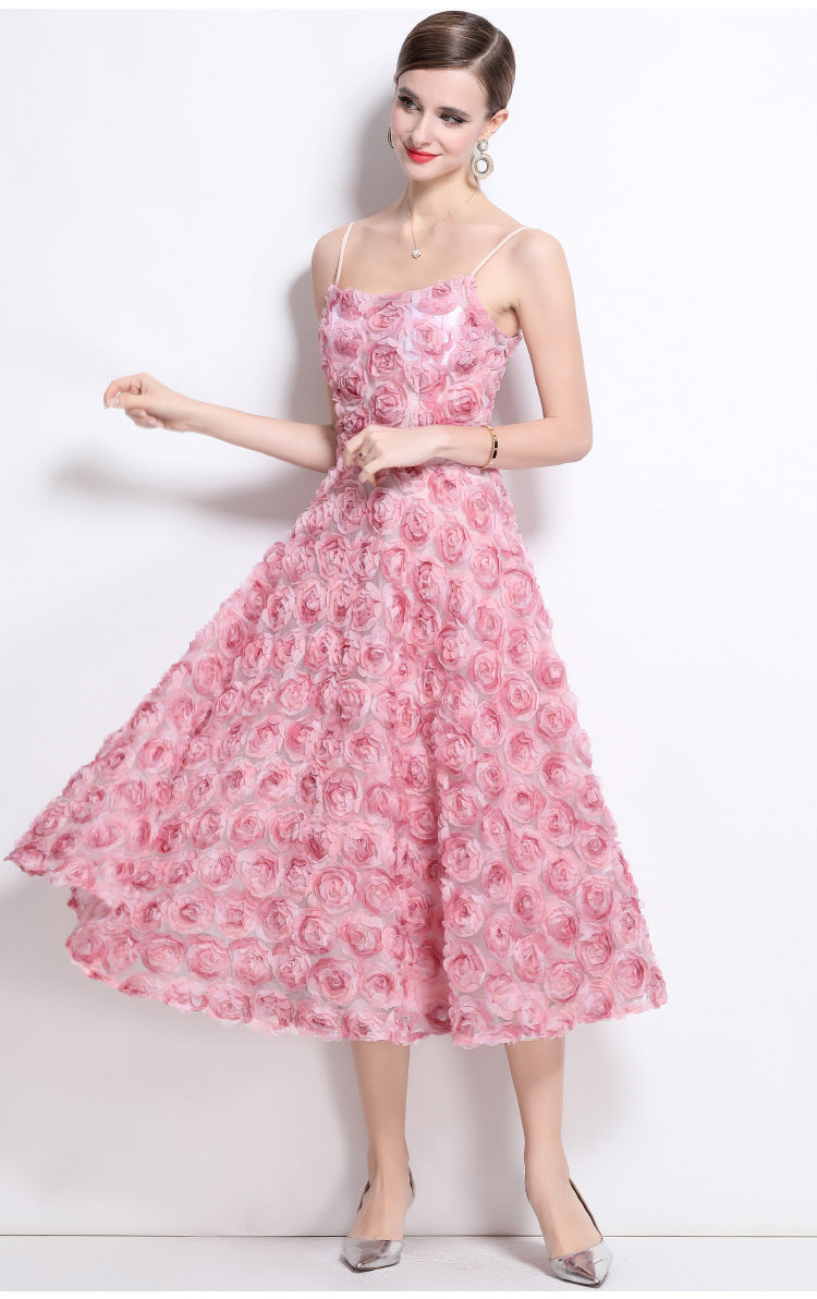 3D Rose Appliqué Strappy Midi Dress