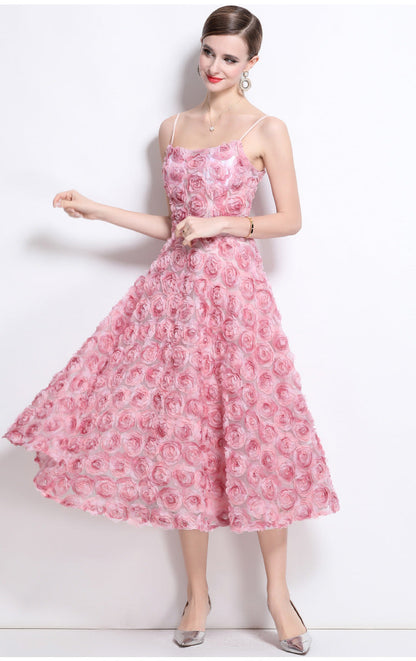 3D Rose Appliqué Strappy Midi Dress