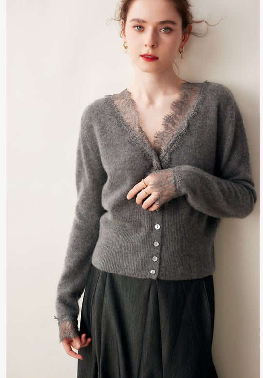 Lace-Trim Baby Cashmere Cardigan