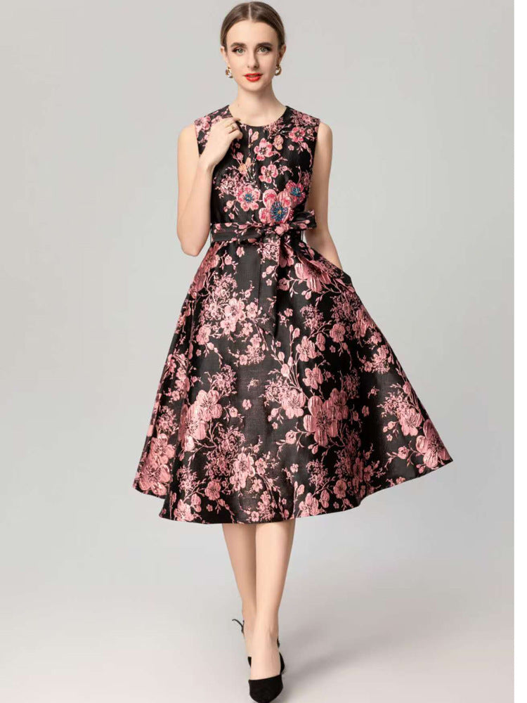Floral Embroidered Jacquard Ruffle Dress