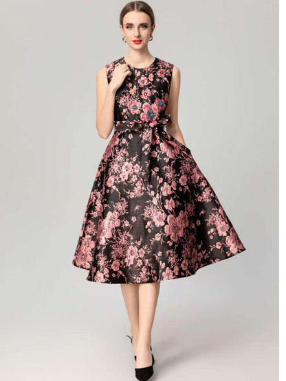 Floral Embroidered Jacquard Ruffle Dress
