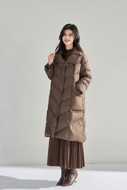 Minimalist Oversized Down Puffer Coat with Leather-Style Buttons
