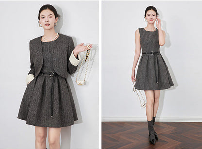 Modern Color-Block Jacket & Chanel-Inspired Pleated Dress Set