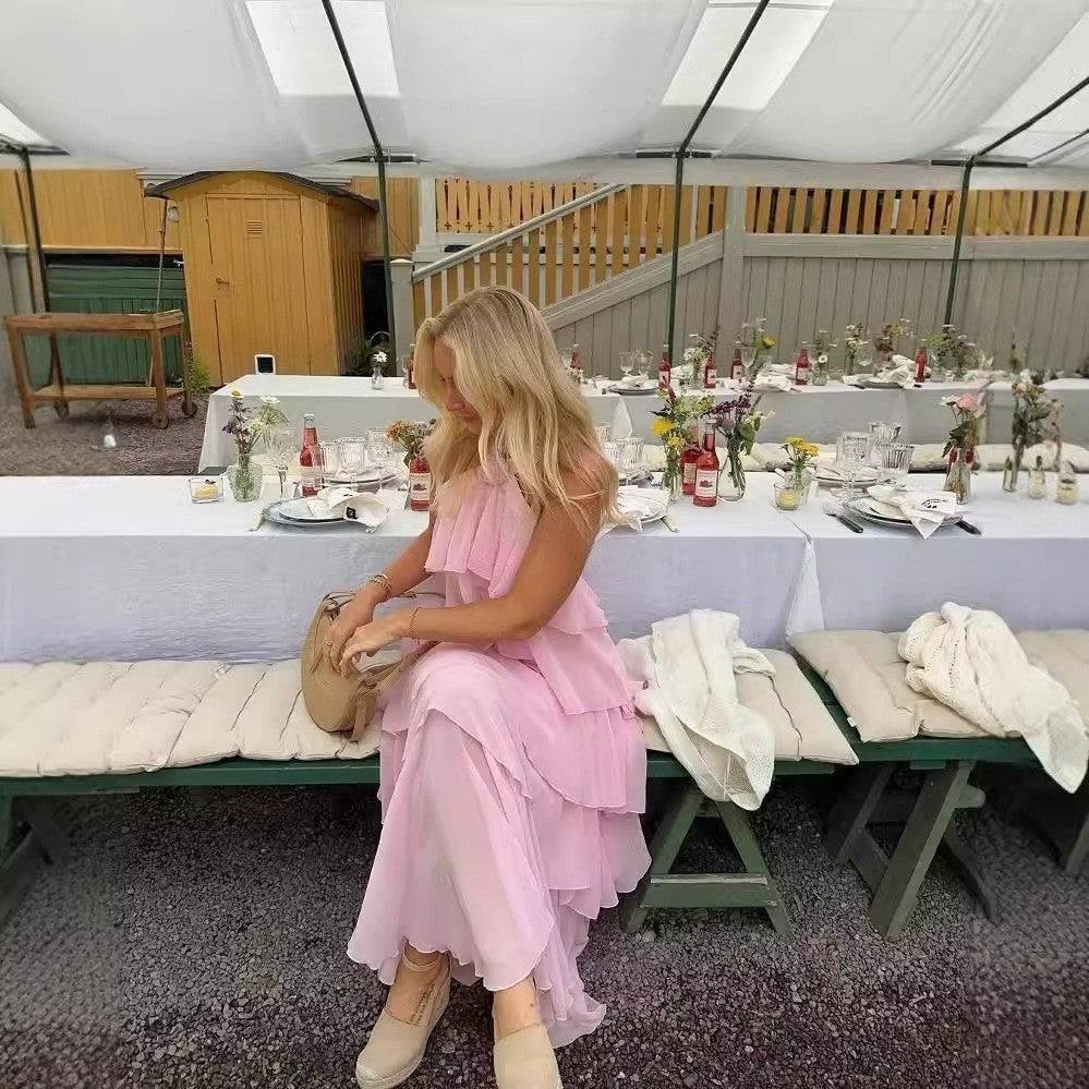Pink Halter Tiered Maxi Dress