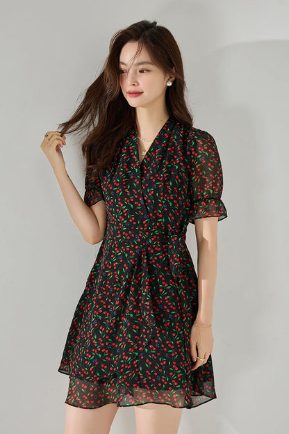 Fruit Print V-Neck Midi Dress