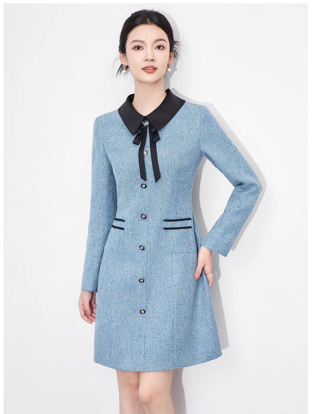 French-Texture Mini Dress with Scarf Collar